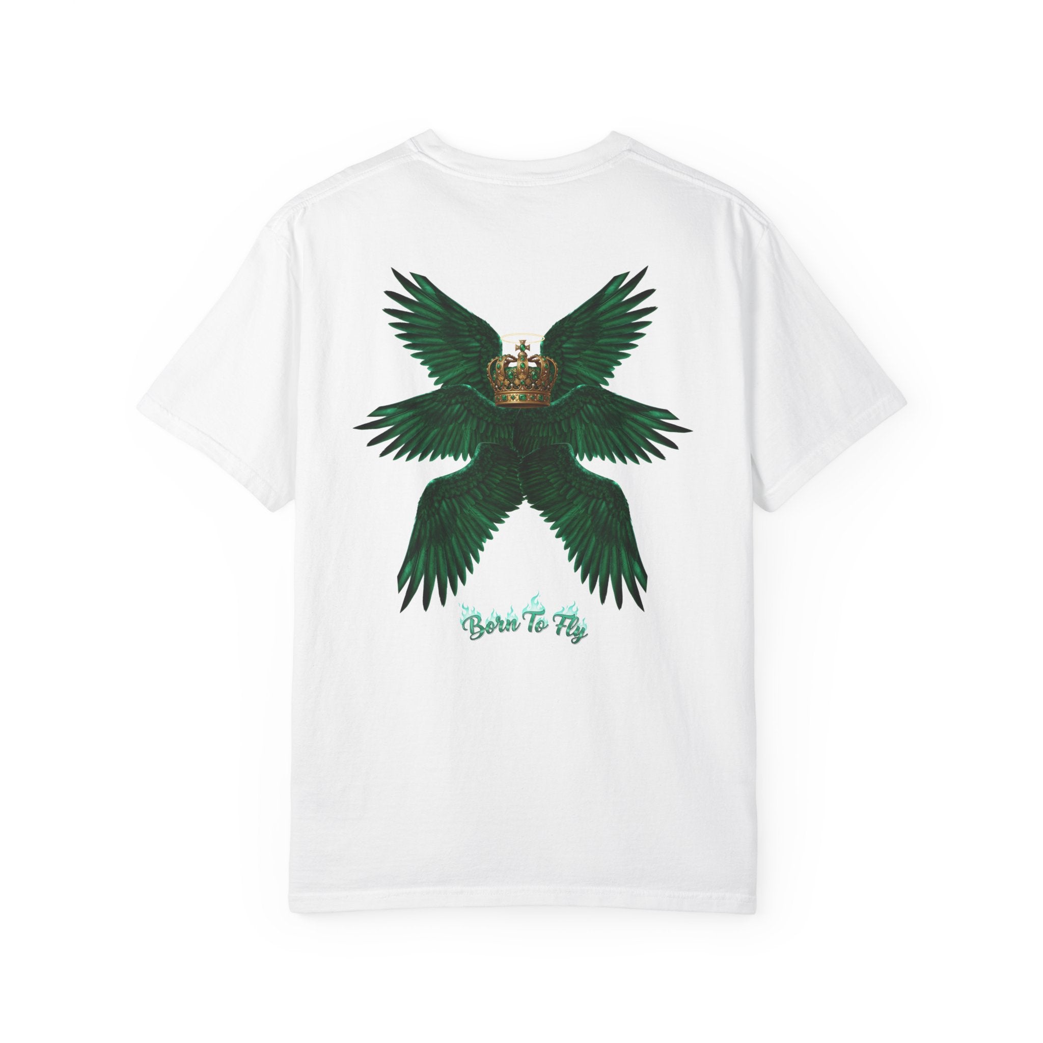 Emerald Tiger T‑Shirt — Green Winged Crown 'Born to Fly' Graphic Tee